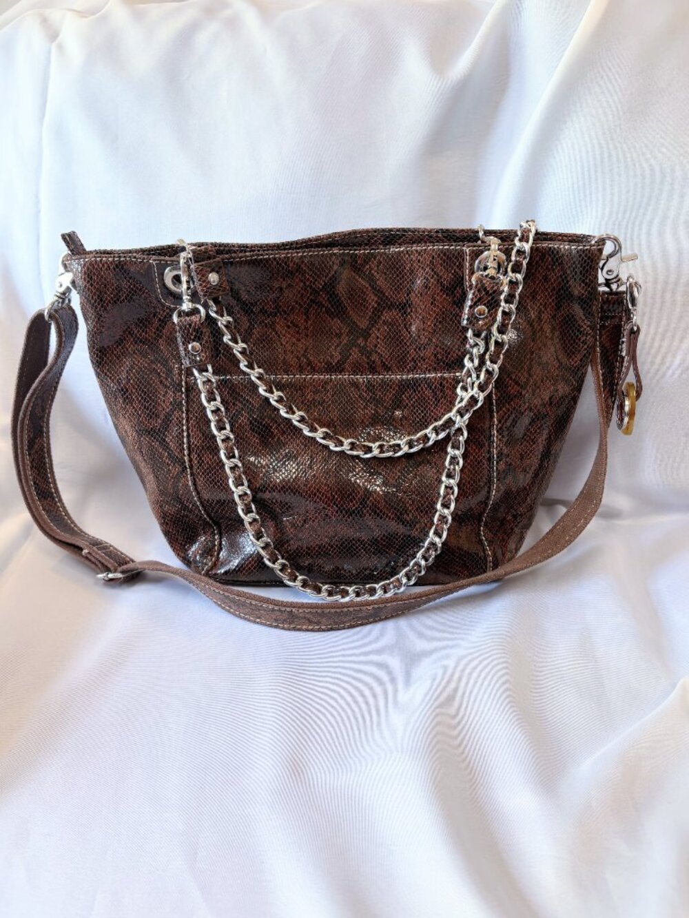 Barr & Barr Snake Print Genuine Leather Bag Tote Brown Large